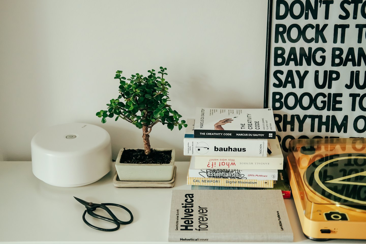 Home Bonsai plant, record player, and books arranged on a table.