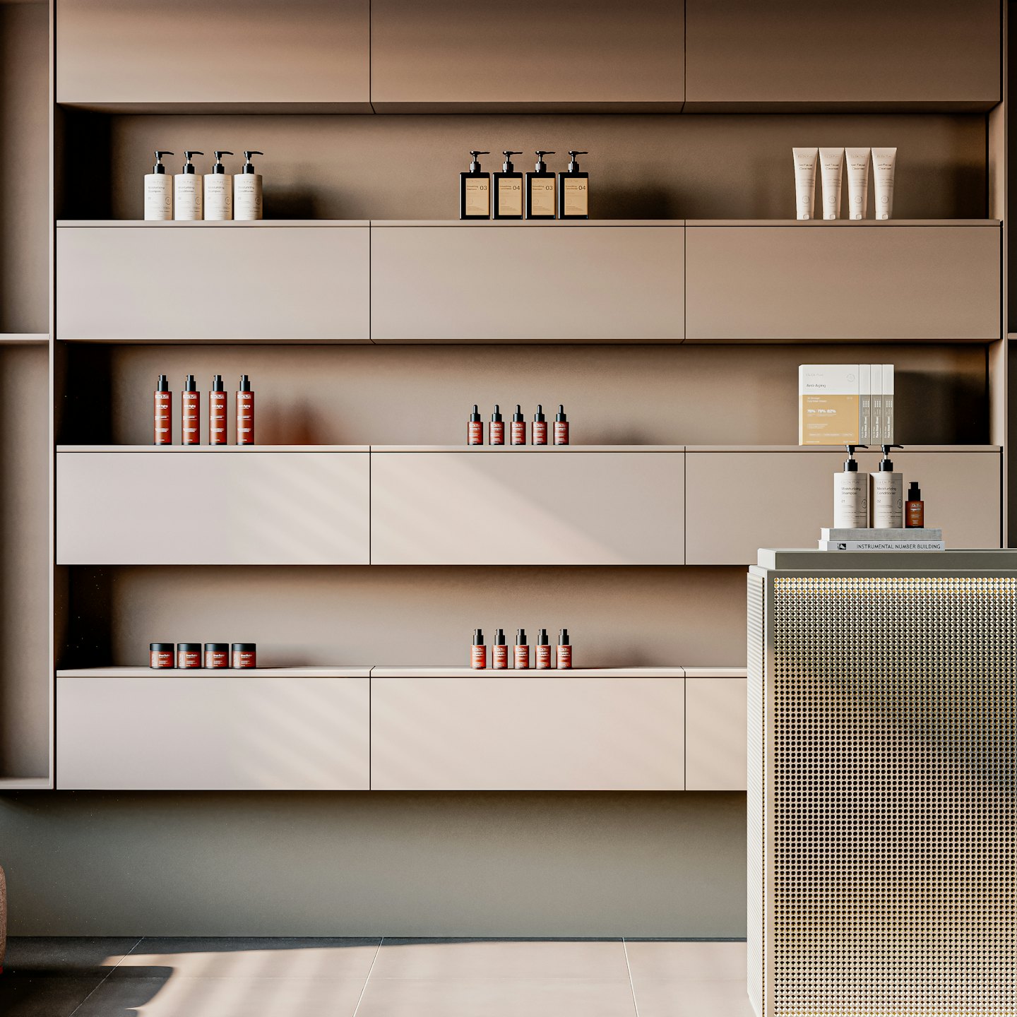 Home Skincare products displayed neatly on modern shelves and counter.